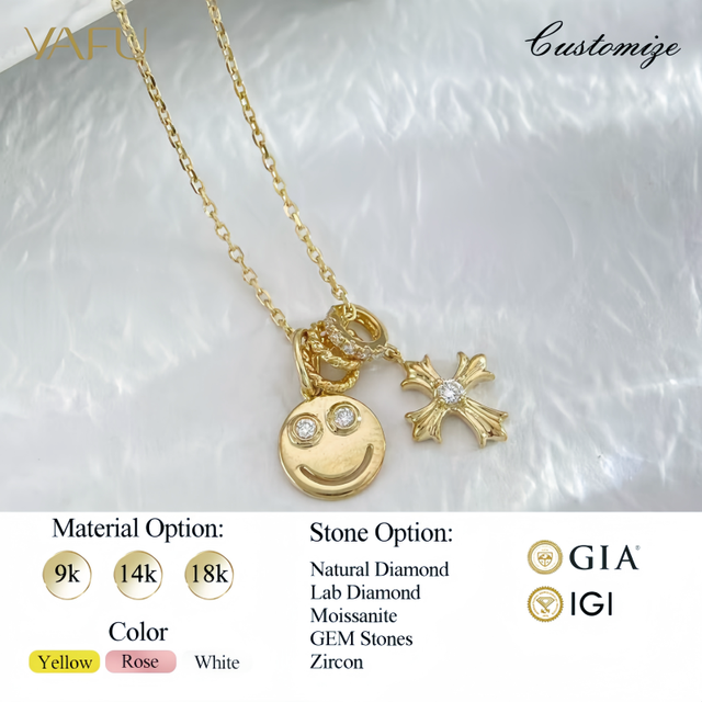 9K Solid Gold Lab Grown Diamond Multi-Charm Pendant Necklace Adjustable Lariat Chain Fine Jewelry for Women Gift Smiley face