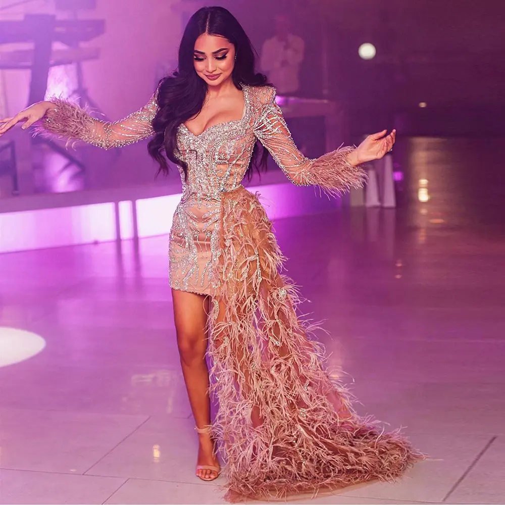 Scz005-2 Gaun Malam Prom Pendek Bulu Karang Mewah Gaun Pesta Pernikahan Wanita Lengan Panjang Dubai Gaun Koktail Mini