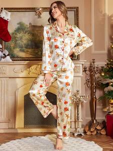 <span class=keywords><strong>Pigiama</strong></span> da <span class=keywords><strong>donna</strong></span> all'ingrosso con colletto lungo, set loungewear due pezzi in raso liscio stampato con motivo carino - Product Image 4
