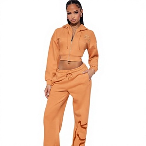 Conjunto de Sudadera con Capucha y Pantalones Largos de Forro Polar Térmico de 2 Piezas para Mujer, Color Naranja, Manga Larga, Ajuste Holgado, Casual, Color Sólido, con Cremallera y Bolsillos - Product Image 1
