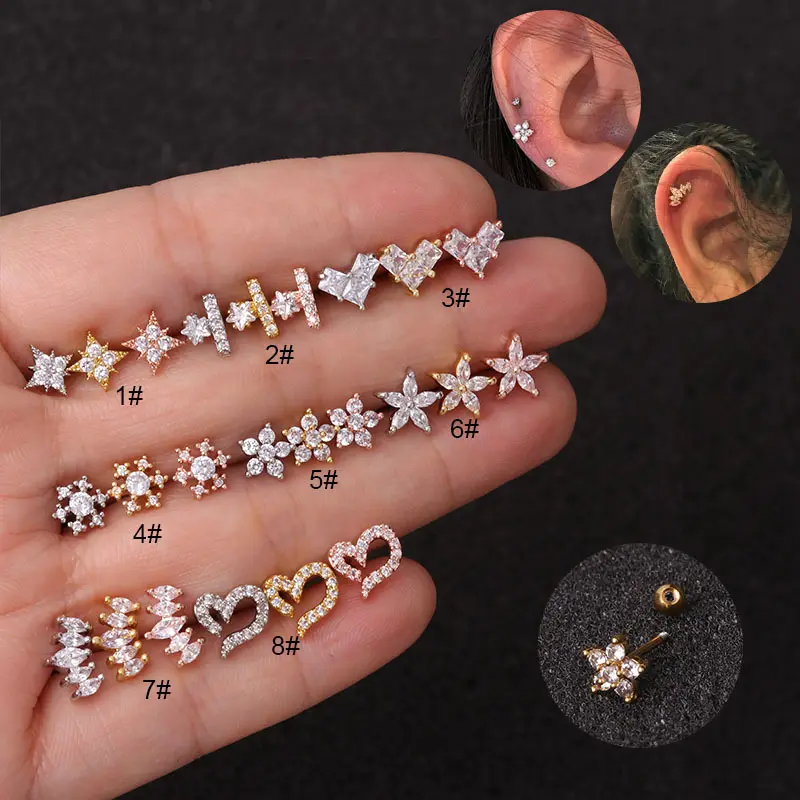 High Quality Mini Flower Zircon Stud Stainless Steel Screw Stud Earrings Piercing Jewelry