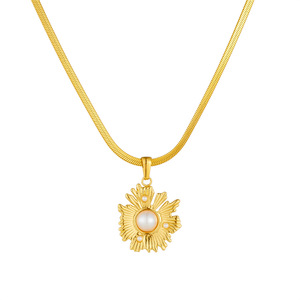 Freshwater Pearl Sunflower Gold Plated Blade Chain Stainless Steel Pendant Irregular Personalized Necklace Gift - Product Image 5
