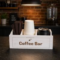 Boîte de rangement pour bar à café en bois blanc vieilli style ferme, 3 compartiments, porte-couvercles de tasses pour comptoir de cuisine, station de préparation, décoration intérieure