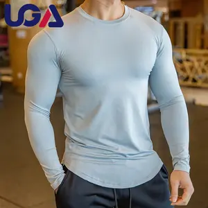 Wholesale customized design athletic running sports wear curve hem dry compression gym fit mens ftitness long sleeve shirts