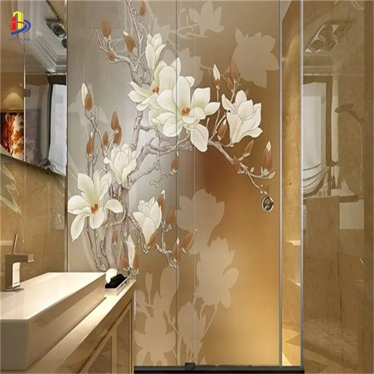 Glass partition door with opaque silk print pattern for bathroom use
