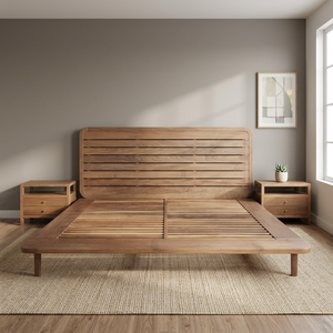 Solid Teak Platform <b>Bed</b> with Slatted <b>Headboard</b> and Built In Nightstands, <b>King</b> <b>Size</b> Wooden Bedroom Furniture - Product Image 6