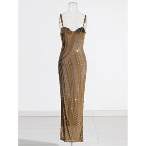 Moda elegante vestido de fiesta de noche graduación Rhinestone rebordear diamantes correa sin mangas espalda descubierta Bodycon vestido de alta calidad - Product Image 3