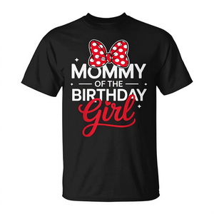 Camiseta Mommy Of The Birthday Girl, camiseta negra con diseño de lazo rojo, cuello redondo, manga corta, camisa de fiesta para mujer adulta - Product Image 3