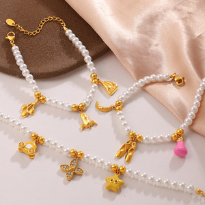 Freshwater Pearl <b>Bracelet</b> Necklace <b>Set</b> With Gold Charms For Women Everyday Wear Sweet Girl Style Jewelry <b>Set</b> - Product Image 3