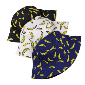 Groothandel Custom Banaan Bedrukt Goedkope Mode Patroon Fruit Emmer Hoed Schattige Zomer Wit Zwart Bob Visser Cap Hoge Kwaliteit