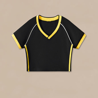 T-shirt court tendance pour femme, col en V, patchwork coloré, style streetwear, manches courtes, été