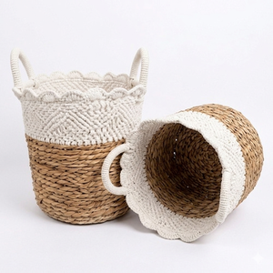 Boho Macrame Cotton Rope Storage Basket Natural Water Hyacinth Woven Laundry <b>Hamper</b> With Handles For Bedroom Home Decoration - Product Image 4