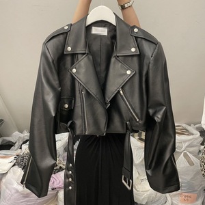 Giacca da <span class=keywords><strong>Donna</strong></span> in <span class=keywords><strong>Ecopelle</strong></span> Stile Vintage Effetto Invecchiato, Modello Motociclista con Colletto Rialzato e Maniche Lunghe - Product Image 3