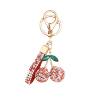 Magnifique porte-clés cerise 3D avec strass incrusté de feuilles vertes crochet en métal doré mode et style dessin animé