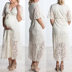 OEM Wholesale New design Solid Color Elegant V Neck Flutter Sleeve White Lace Maternity Dress