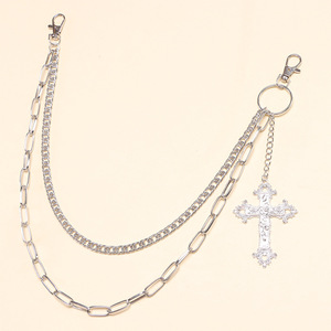 Chaîne de pantalon en métal avec pendentif croix, chaîne de taille décontractée double couche en argent tibétain style Hip Hop - Product Image 4