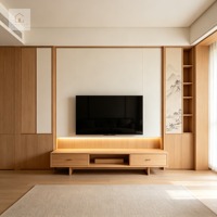 XINGRUO Mueble de TV Contemporáneo a Medida, Color Beige Crema, Panel de Pared de Piedra Integrado, Consola Multimedia de Lujo Personalizada