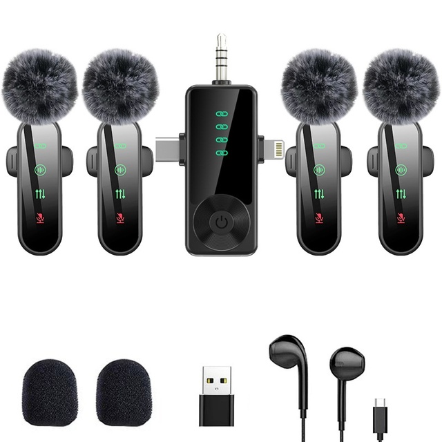 HF9 4 in 1 Wireless Lavalier Microphone Set with Noise Reduction, 20Hz-20kHz Clip-on Mic for TikTok Live Streaming