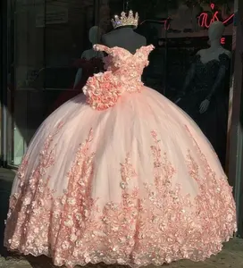 Charming Ball Gown Pink Quinceanera Dresses Lace Applique Beading Sweet 15 16 Dresses Off Shoulder Gowns