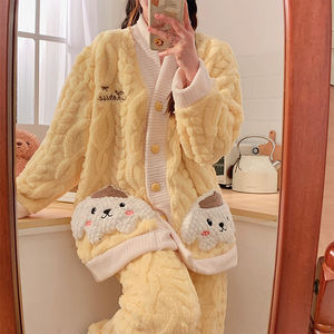 Sleepwear Sets Wheat Jacquard Velvet Thickened 280g <strong>Pyjamas</strong> Women's Cartoon Cute Cardigan V-Neck Pajamas Long Sleeve - Product Image 4