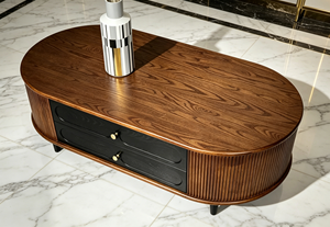 Retro Oval Fluted Wood Coffee Table with 2 <b>Drawers</b>, Mid-Century Storage Table for Living Room - Product Image 6