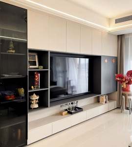 Meuble TV en bois moderne et simple, pliable, avec rangement mural intégré, bibliothèque et porte-bouteilles pour salon ou maison de style campagnard - Product Image 1