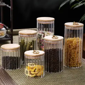厨房用品家用大容量铜环竹盖透明玻璃瓶条纹茶罐密封罐
