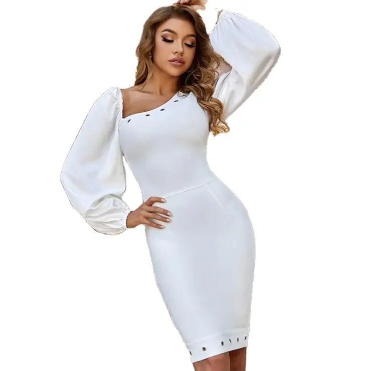 2021 Autumn New Oblique Shoulder Banquet Evening Dresses Irregular Asymmetric Long-Sleeved White Strapless Party Club Dress