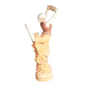 装饰石雕舞蹈女孩人物雕塑白色大理石女士与彩色连衣裙女雕像和花底