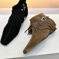 Bottes pour femmes à la mode avec pompons, bottes mi-mollet rétro pointues décontractées à fermeture éclair pour femmes