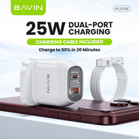 Adaptor Daya Perjalanan BAVIN PC2125E 25W PD 3.0 QC3.0 Dual Port Colokan UK Dengan Kabel Pengisian Cepat 3A untuk Pengisi Daya Cepat Ponsel