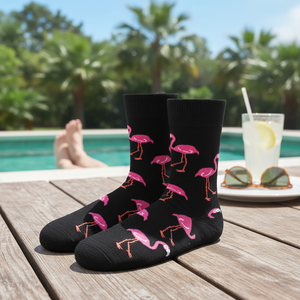 Unisex <b>Black</b> Flamingo Patterned <b>Socks</b> with Custom Logo Breathable Spandex Knitted Crew Length for Summer Daily Use - Product Image 3