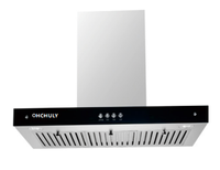 Hotte murale électrique OHCHULY de type T avec filtre déflecteur, boîtier en verre trempé, classe d'efficacité énergétique pour usage domestique et hôtelier