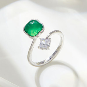 Green Agate Four Leaf Clover Open Ring Women Adjustable Index Finger Retro Chinese Style Jewelry Party Accessory - Product Image 4