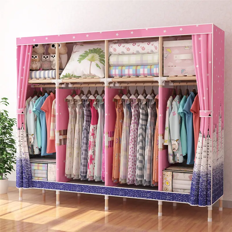 4-Column Collapsible Portable Canvas Wardrobe with Wooden Frame Foldable Clothes hanging Closet mobile cupboard