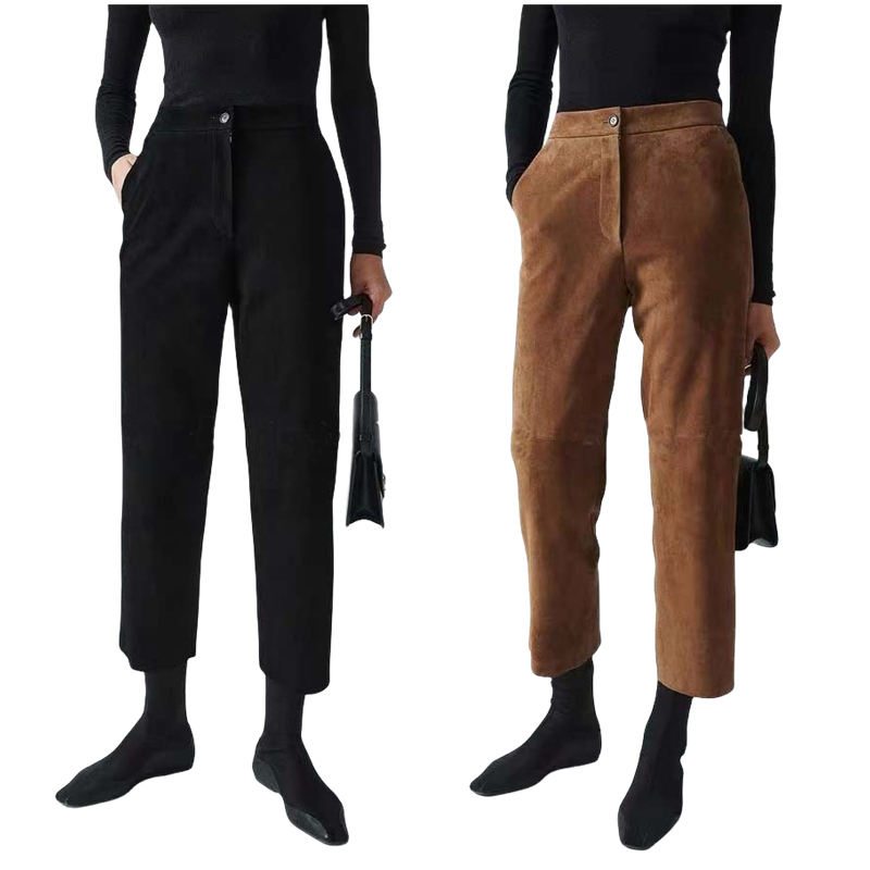 4605 Wholesale Winter Fall Fashionable Real Genuine Suede Leather Loose Elegant Black Women's Leather Pants