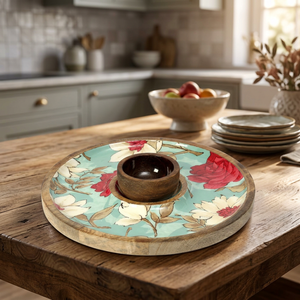 Modern Round Floral Wooden Handicraft Multi-Functional Serving Tray <b>Tea</b> Coffee Food Platter <b>Decorative</b> Dining Home <b>Party</b> Table - Product Image 1