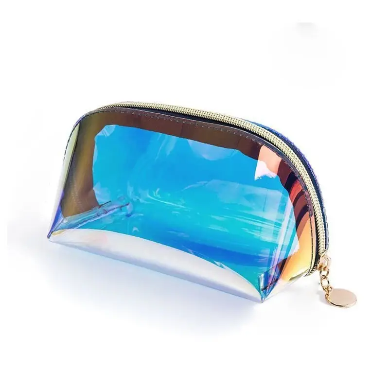 Hologramme de voyage avec logo personnalisé impression laser fermeture éclair métallique en pvc sac cosmétique pour femmes trousse de maquillage holographique transparente trousse de toilette