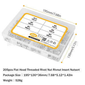 304 Stainless Steel Rivet Nut Set 205pcs Metric Thread Inserts M3 M4 M5 M6 M8 M10 Flat Head Vertical Stripe Screw Cap Box - Product Image 4