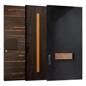 Desain pintu depan mewah otomatis pintu Pivot pintu masuk kayu Walnut hitam Solid Amerika untuk furnitur