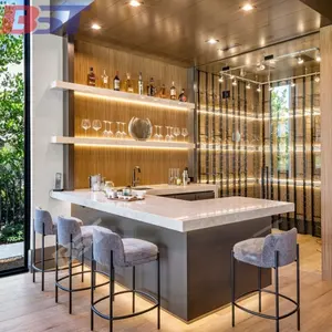 Meubles de bar de maison en forme de U au design de luxe, comptoir artificiel, bar à vin commercial en bois, café-bar