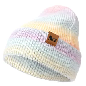 Unisex Beanie Hats Tie Dye Print Leather Woven Patch Winter Knitted Caps Soft Warm Ski Hat For Women