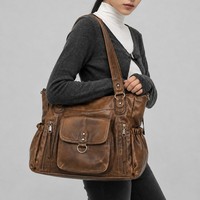Sac bandoulière vintage grande capacité multi-poches pour femme, en cuir souple vieilli, avec fermeture éclair en polyester, nouvelle collection 2026
