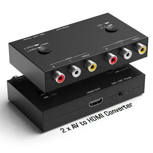 Konverter 2 AV ke HDMI, 1080P/720P 2 Port RCA komposit CVBS AV saklar ke konverter HDMI adaptor mendukung peralihan 4:3/16:9