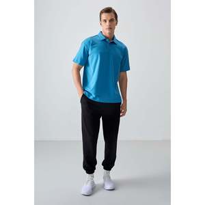 T-shirt basique pour homme en coton bleu pétrole, col polo, coupe ample, épais et doux, texturé - 88382 - Bleu pétrole - Product Image 2