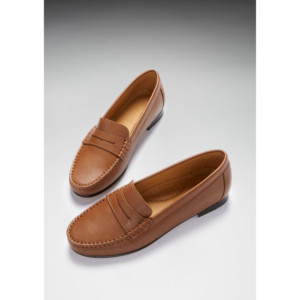 Mocasines Penny para Mujer con Suela de Cuero, Cuero Color Bronceado - Product Image 3