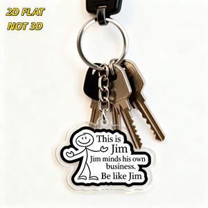 Porte-clés en acrylique Be Like Jim Stick Figure, personnage souriant avec la citation « Mind His Own Business », pendentif découpé transparent - Product Image 4