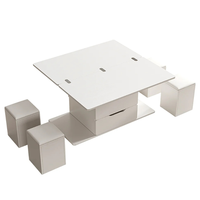 Table Basse Moderne en Bois Relevable et Pliable avec 4 Tabourets et Rangement pour Salon, Meuble Personnalisable