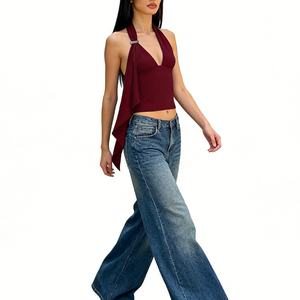 Top court à col halter pour <span class=keywords><strong>femme</strong></span> - <span class=keywords><strong>Décolleté</strong></span> profond en V - Détail boucle - Sans manches - Coupe ajustée - Débardeur - Veste - Sehe Fashion - Product Image 4