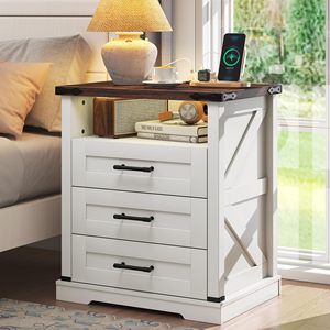 SENYU Modern Farmhouse Wooden Bedroom <b>Storage</b> Cabinet <b>Side</b> <b>Table</b> Hidden <b>Storage</b> Compartments LED Lighting Charging - Product Image 2
